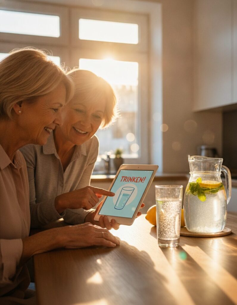 Trink-Apps auf dem Senioren-Tablet: Digitale Erinnerung gegen Dehydration im Sommer